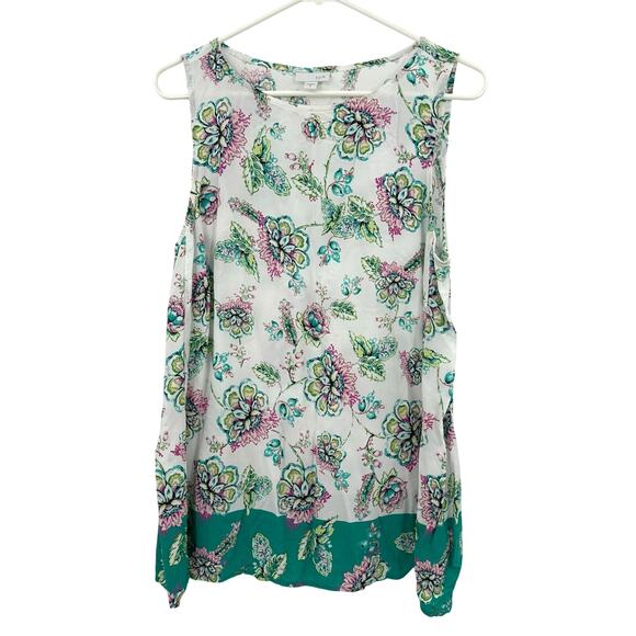 J. Jill Size Medium‎ Sleeveless Tank Top Shirt Blouse White Teal Floral Print - Picture 1 of 4